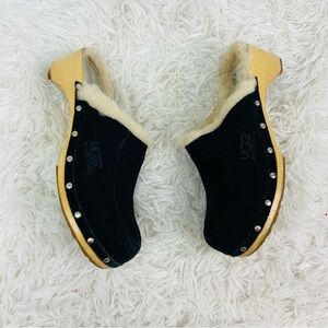 UGG AUSTRIA leather suede wooden slip on shearling clogs  size 9